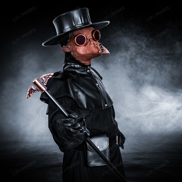 Plague Doctor with Bird Beak Mask & Flat Hat Full Costume Set - Brown